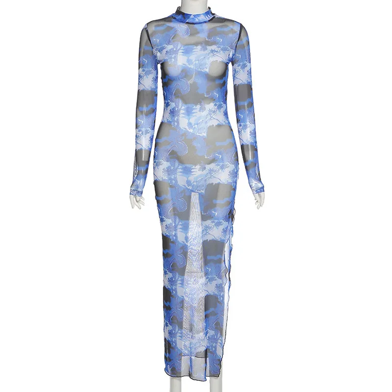 

Echoine Sexy Vintange Print Long Dress Women Split Long Sleeve Skinny Fitness O-neck See Through Party Night Clubwear Vestidos