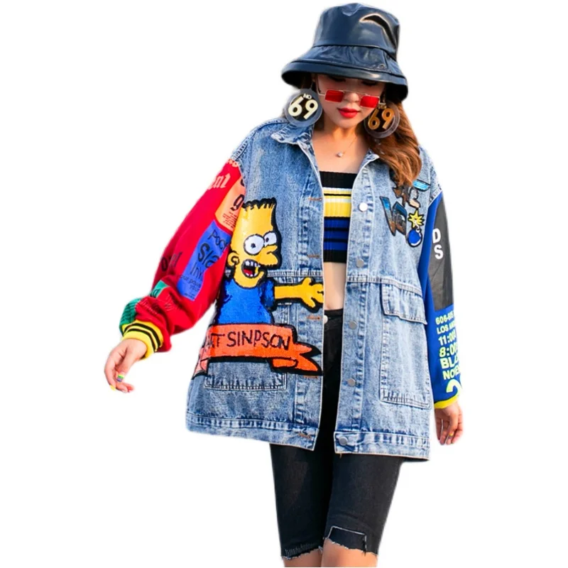 Женская джинсовая куртка с блестками Свободный комбинезон мультяшным принтом в