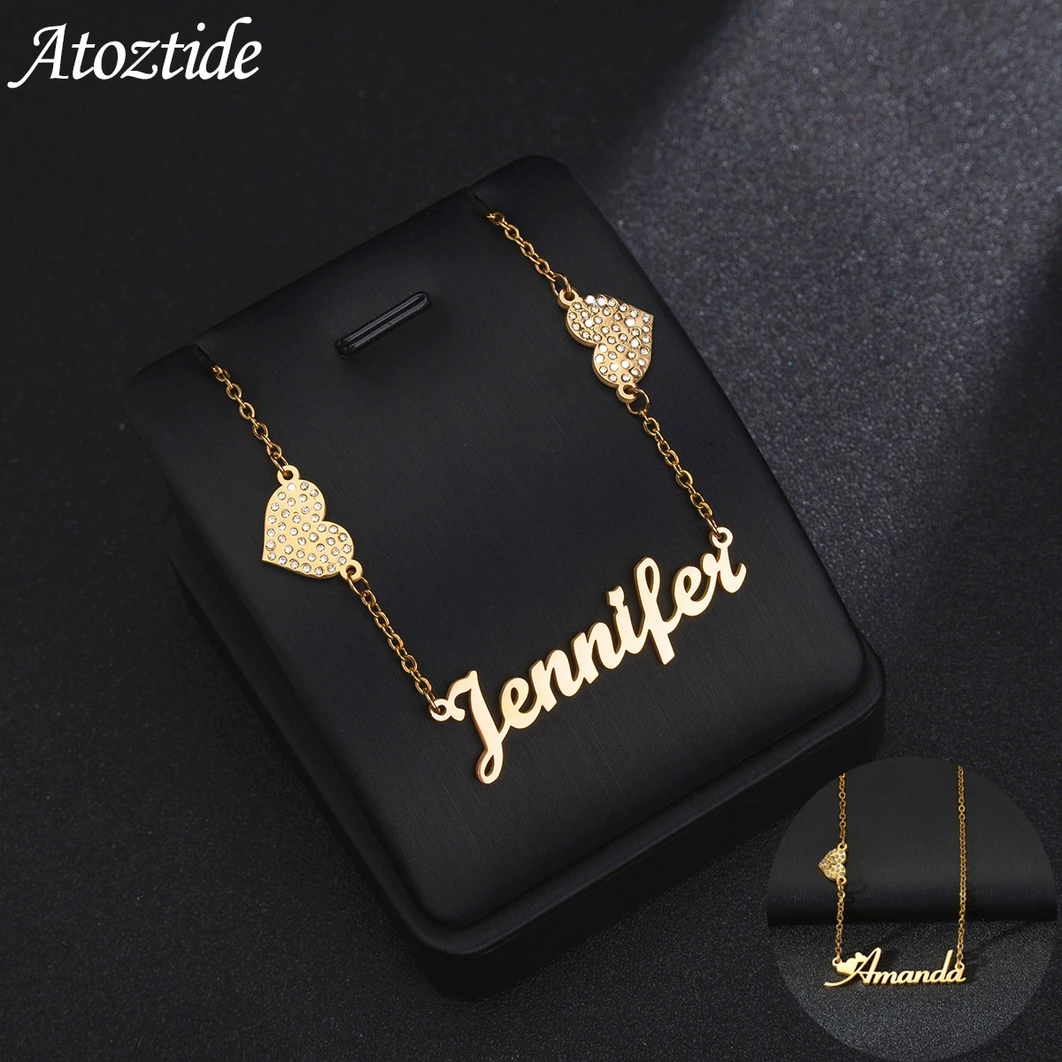 Atoztide Custom Name Zircon Necklace for Women Stainless Steel Double Hearts on Chain Letter Nameplate Choker Jewelry Gift