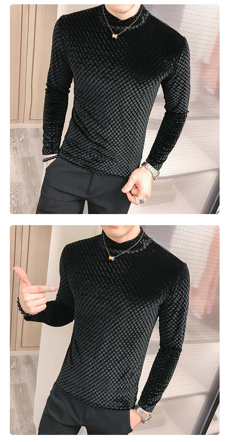 Fashion men plaid sweater long sleeve pullover winter thick warm turtleneck black casual pullover male slim fit knitted sweater