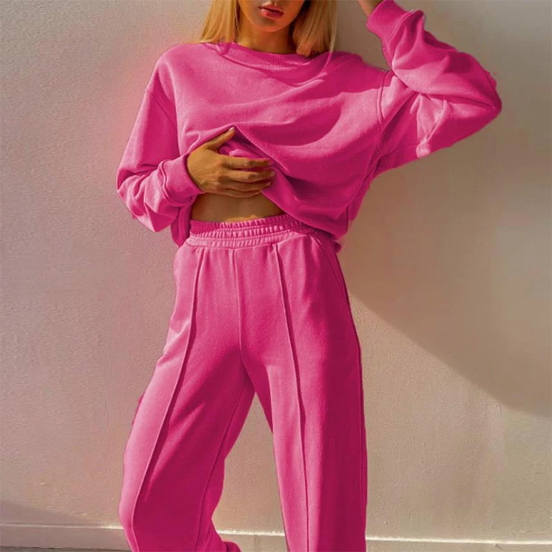 

2021 Two-piece Women's Sports Set, One-piece Casual Spring Autumn Track Pants Smooth Round Neck Long Sleeve with Elastic