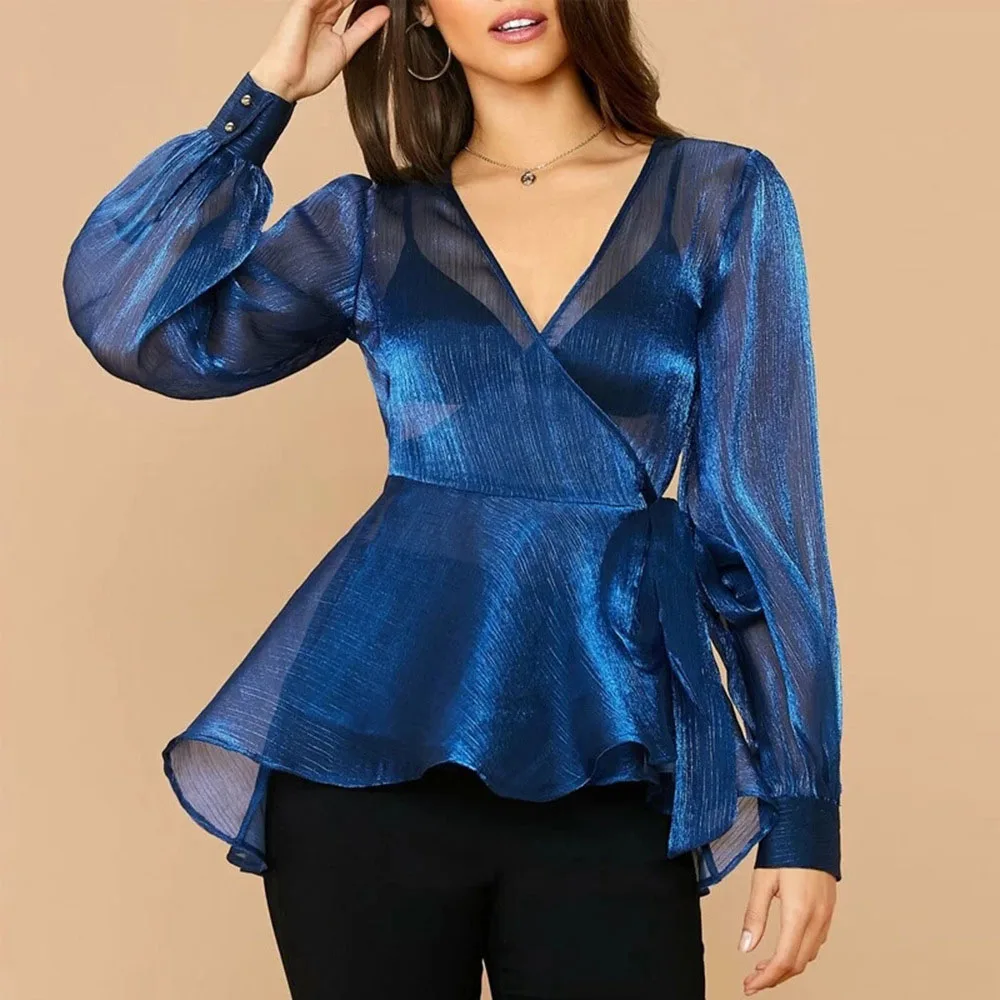 

Western Style Sexy Perspective Solid Color Long Sleeve Ruffle Bandage Casual Blouse Fashion Oversize V-neck All-match