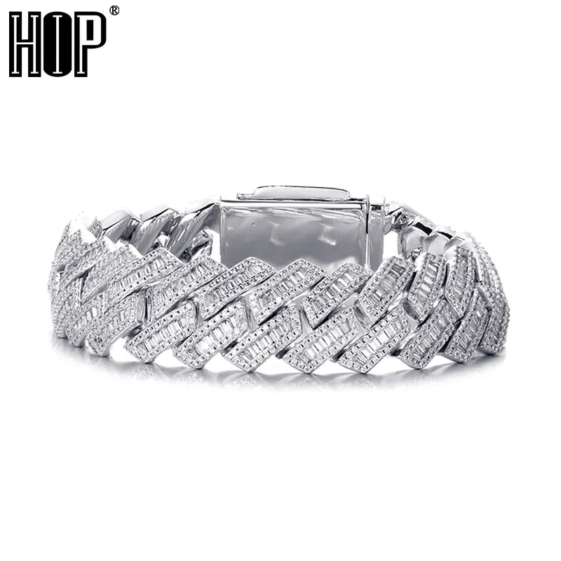 

Hip Hop 21MM 3 Row Baguette Prong Cuban Chains Bling Iced Out CZ Setting AAA+ Cubic Zirconia Box Buckle Bracelet For Men Jewelry
