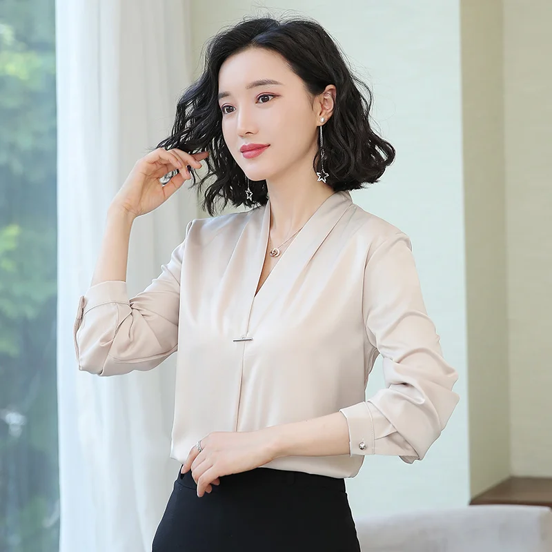 Шикарная Однотонная рубашка с длинным рукавом женская блузка v образным вырезом