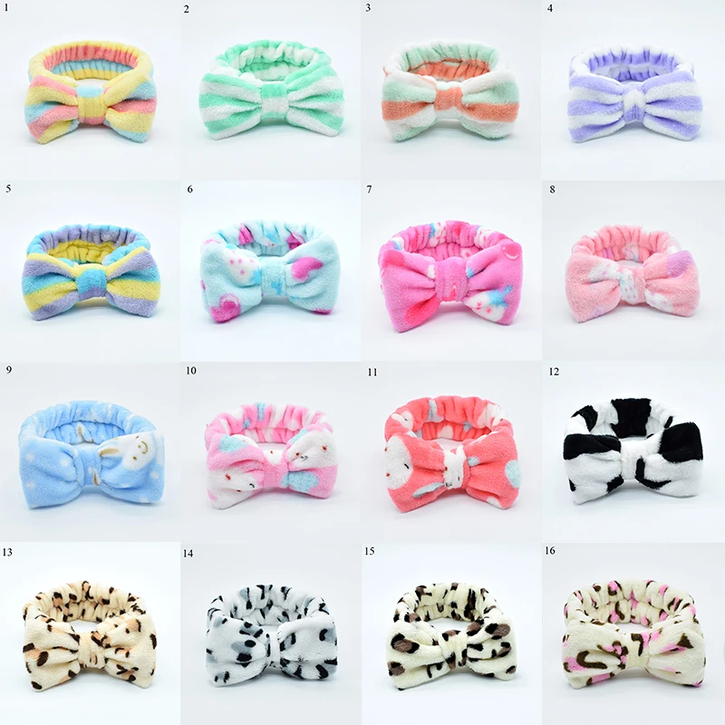 

Stripe Strawberry Leopard Print Coral Fleece Bow Headband Soft Elastic Hairband Coral Velvet Butterfly End Headband