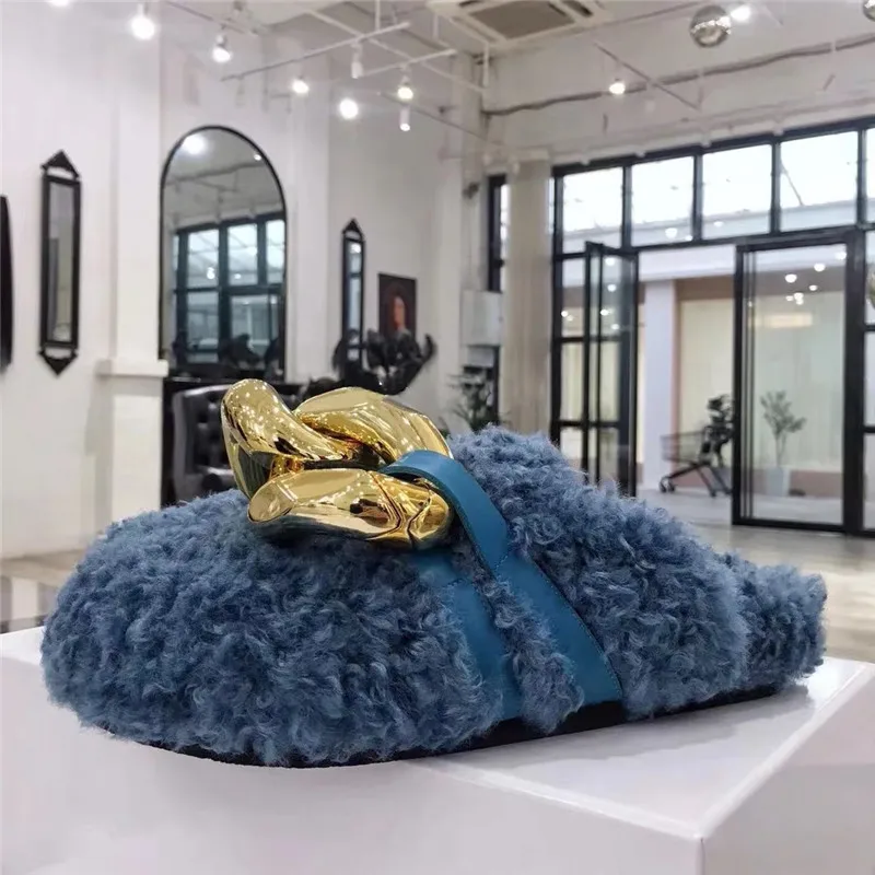 

Женские домашние тапочки Baotou на плоской подошве, полутапочки из овечьей шерсти, с большой цепочкой, модные тапочки