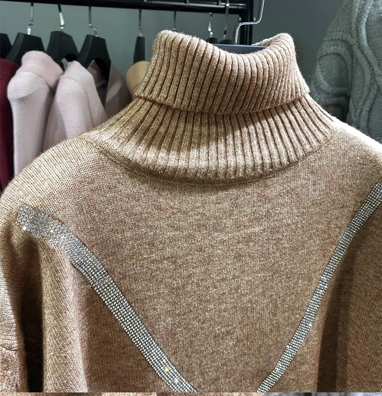 

CBAFU high quality winter turtleneck sweater thicken warm knit pants suit women 2 piece set outfits bling beading tracksuit M102