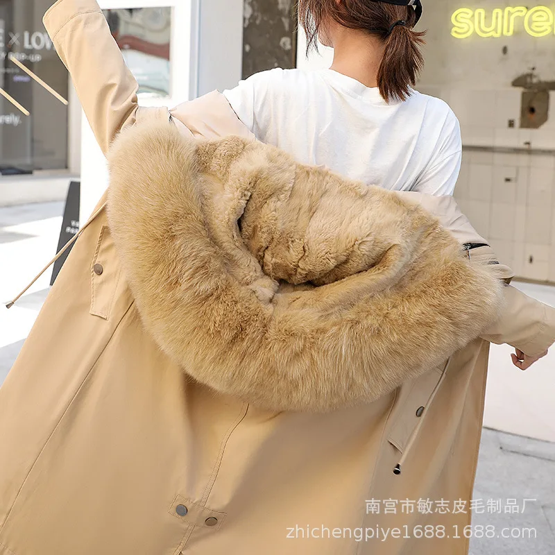

Winter Fox Fur Collar Rabbit Fur Liner Detachable -20 -30 Degree Parka Adjustable Waist Hooded Long Coat Women Thick Warm Jacket