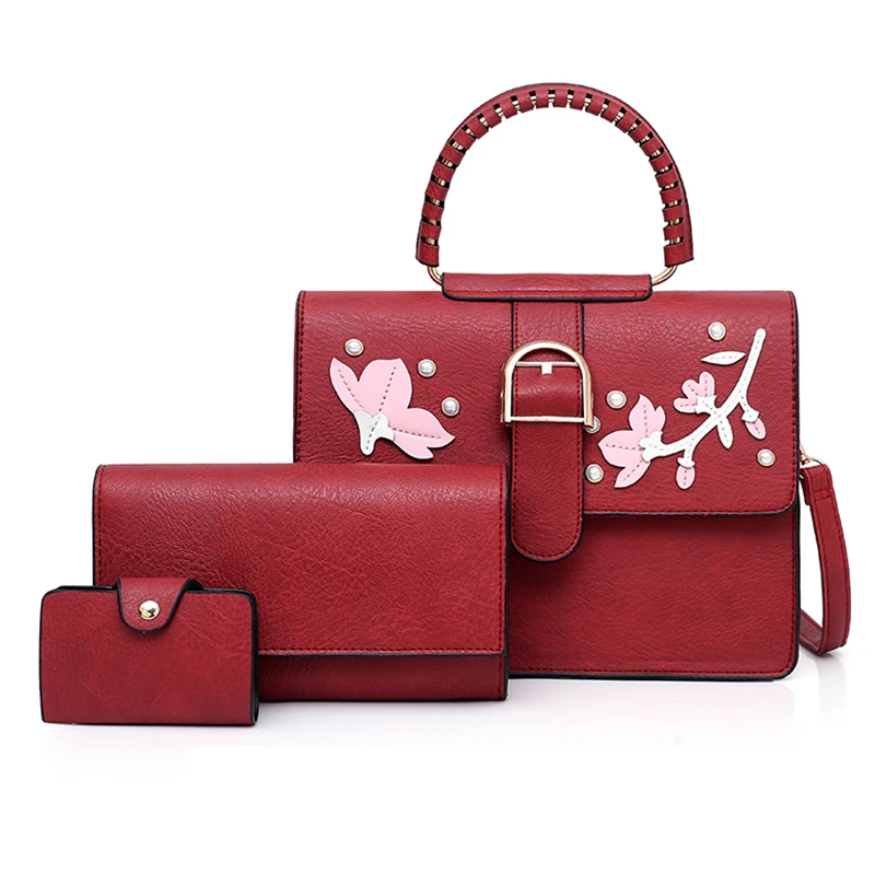 

Fashion Brown Color Lady Leather Composite Messenger Shoulder Handbag Floral 3 Sets Womens Purse Leather Clutch Handbags