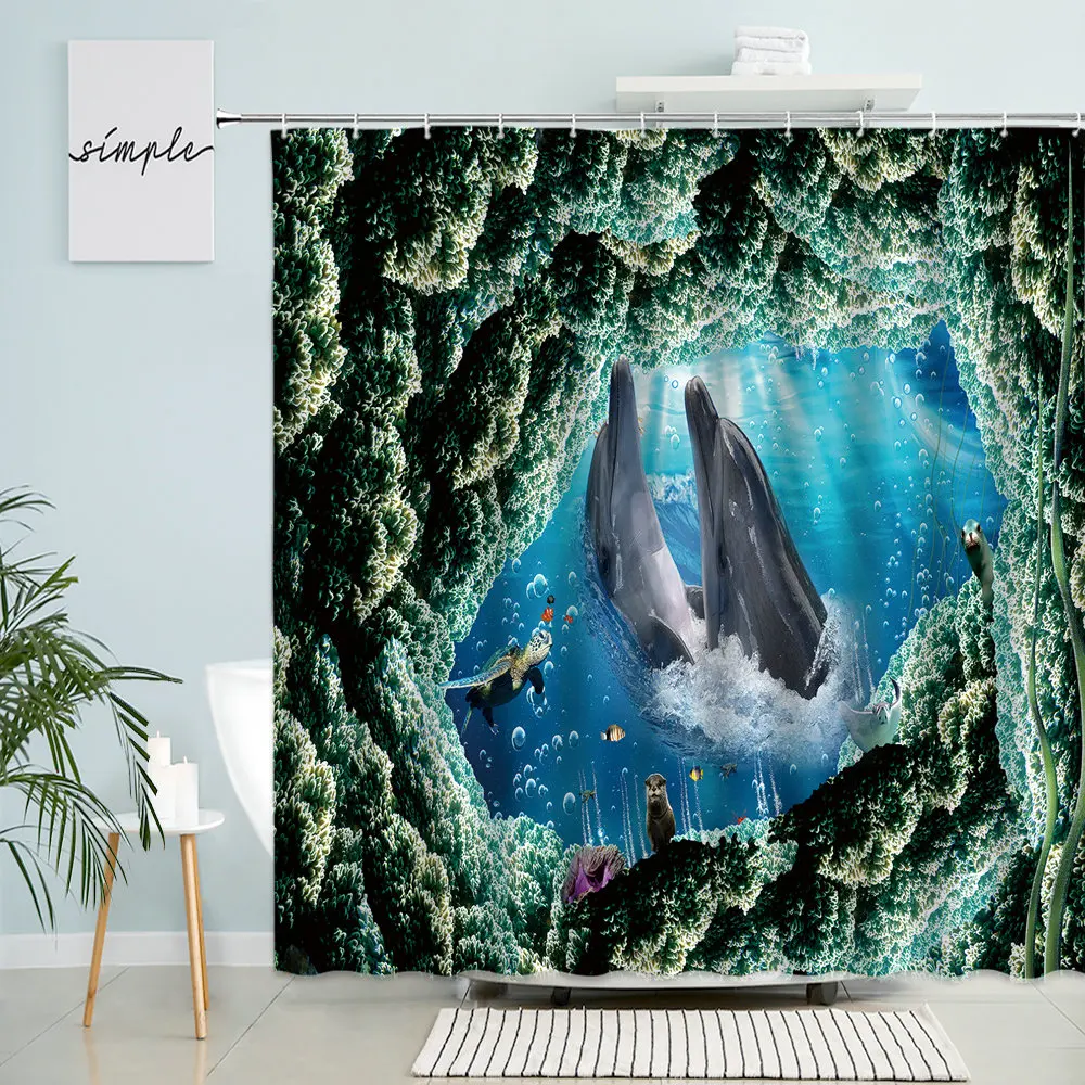 

Dolphin Ocean Scenery Shower Curtain Sea Turtle Tropical Fish Whale Underwater World Marine Animals Bathroom Waterproof Curtains
