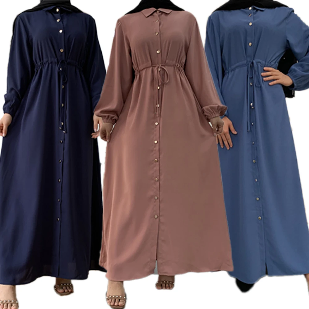 Женская мусульманская рубашка с длинным рукавом, платье на пуговицах, Jilbab Abaya, кафтан, плиссированная, Турция, Исламская Повседневная Женска...