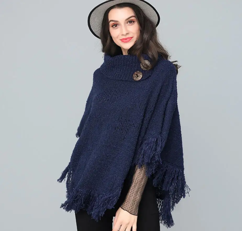 

Winter Warm Hollow Ponchos And Capes With Botton For Women Oversized Shawls Wraps Thick Cashmere Pashmina Female Bufanda Mujer