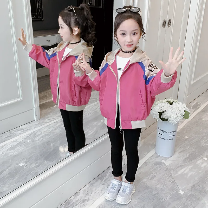 

3-12 Years Girl Pink Jacket Autumn Fashion Patchwork Hooded Coat Windproof Warm Outer Clothing 2021 Hot Sale Short Overdress