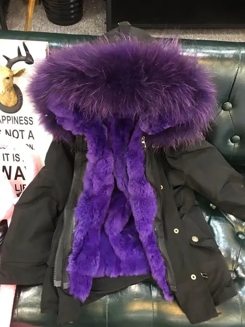 black voilet Army Green Coat Fur Jacket Girls Winter Clothes Rabbit Fur Kids Parkas Real Raccoon Fur Hooded Children Jacket For Girls TZ90 - Цвет: black voilet