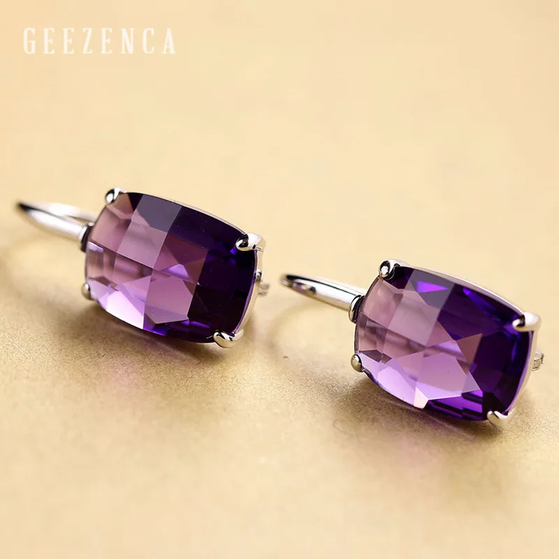 Amethyst 925 пробы, серебро, цвет, драгоценный камень, геометрические серьги, аметист, кристалл дымчатого кварца, простые серьги, хорошее ювелирное изделие для женщин - Цвет камня: Amethyst