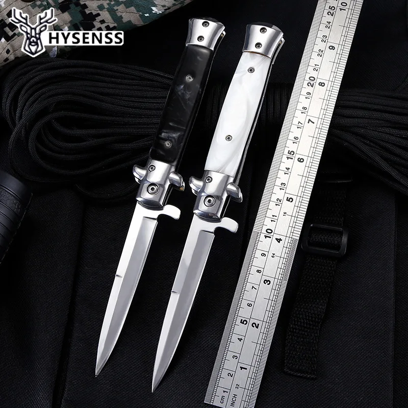 

Hysenss Italian AKC Stiletto Mafia Pocket Outdoor Hunting Tactical Folding Knife 3Cr13 Blade Resin Handle Peeling Survival Tool