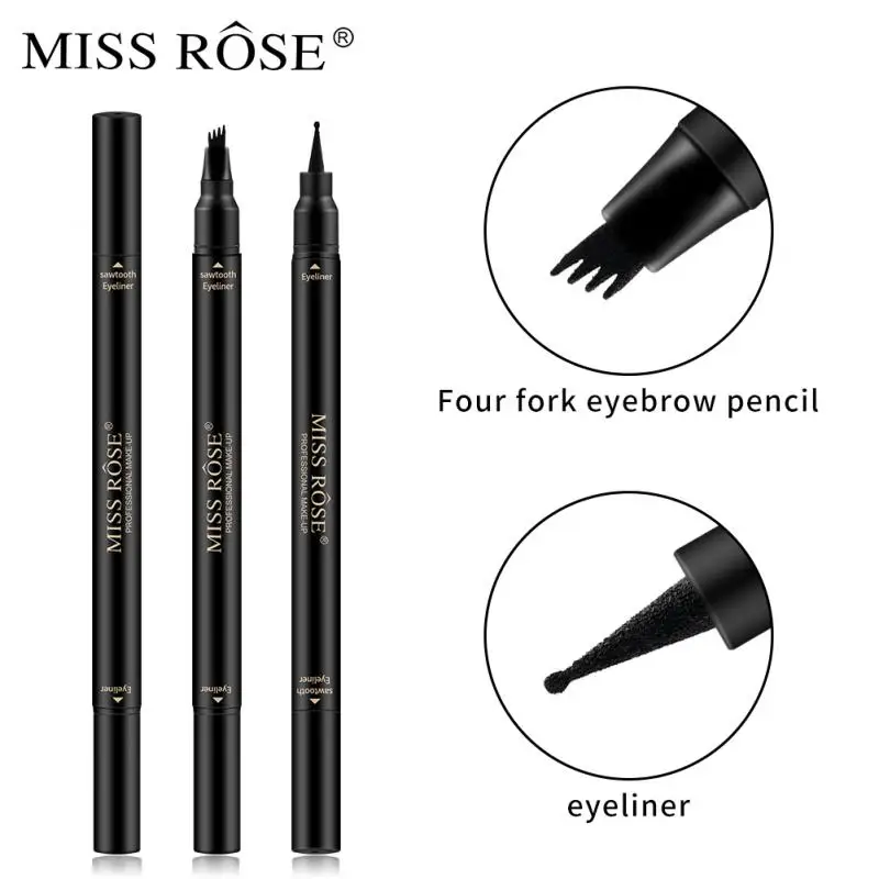 Карандаш для бровей MISS ROSE с двойной головкой 4 вилки 2 в 1 черный водостойкий