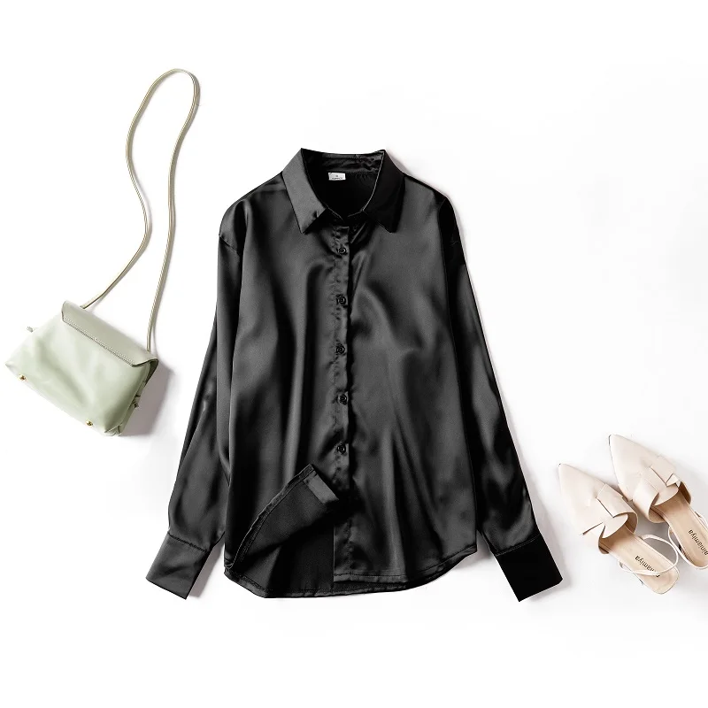 

Toppies Women's Shirt Solid Blouse Loose Soft Long Sleeve Officie Ladies Top Temperament Satin Shirt Spring Autumn 2021