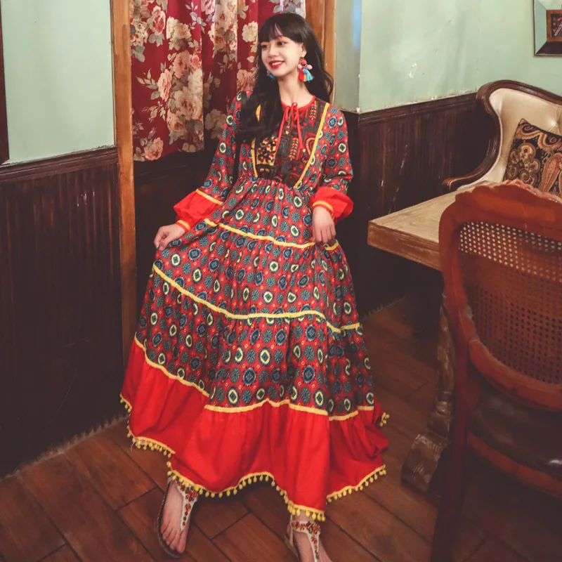 

2021 Fashion Spring Long Sleeve Bohemian Dress Print Round Neck A Line Woman Dress Yellow Loose Embroidery Red Holiday Dresses