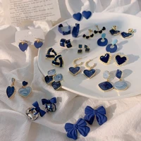 royal blue stud earrings collection heart bow knot circle square geometric pure color crystal earrings for women jewelry