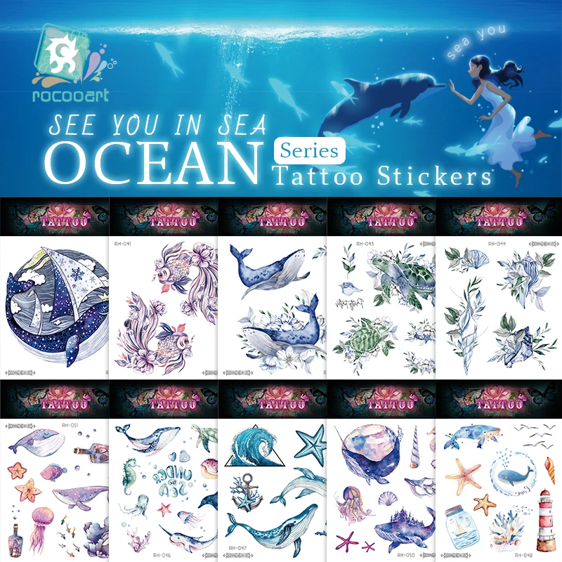 

Cartoon Ocean Watercolor Temporary Tattoos Sticker For Kids Starfish Blue Whale Cool Tatto Body Art Arm Fake Tatoo Taty