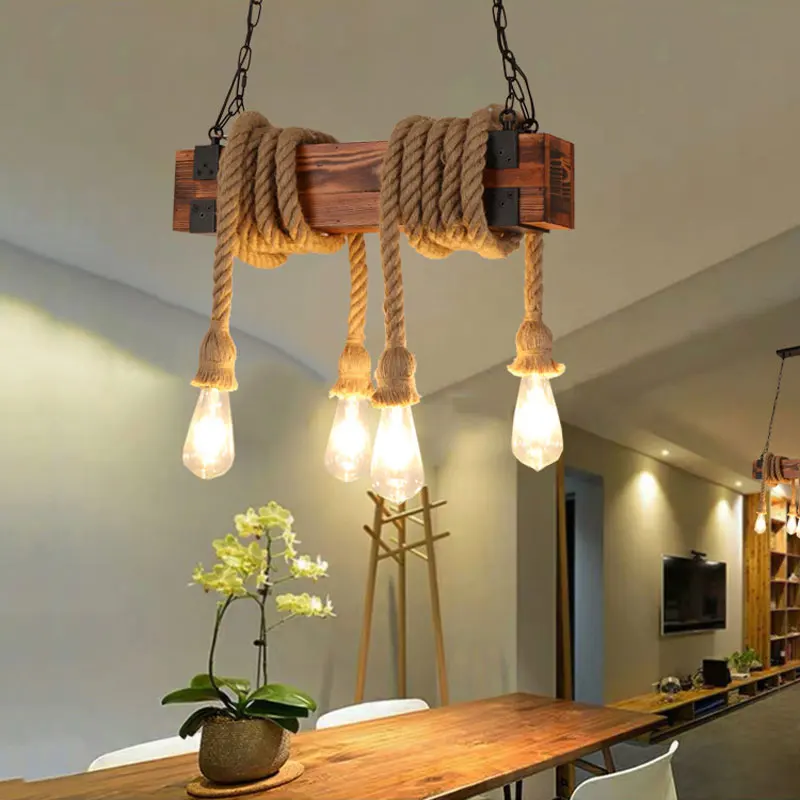 

Регулируемая ретро люстра из дерева в стиле индастриал, потолочный светильник для столовой, бара, кафе, бара, Подвесная лампа из пеньковой веревки E27