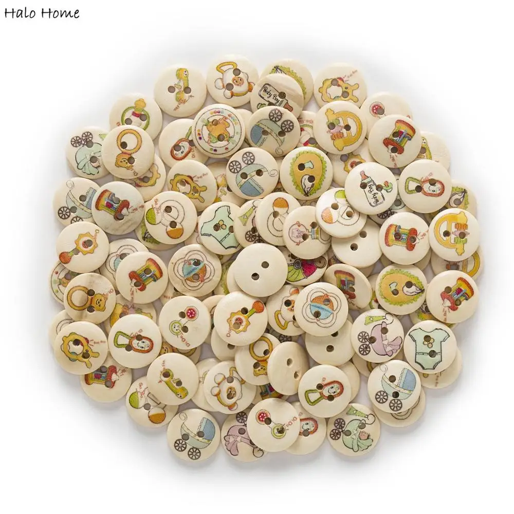 50 шт. цвета: белый/Натуральное детское серии 2 отверстия круглые деревянные