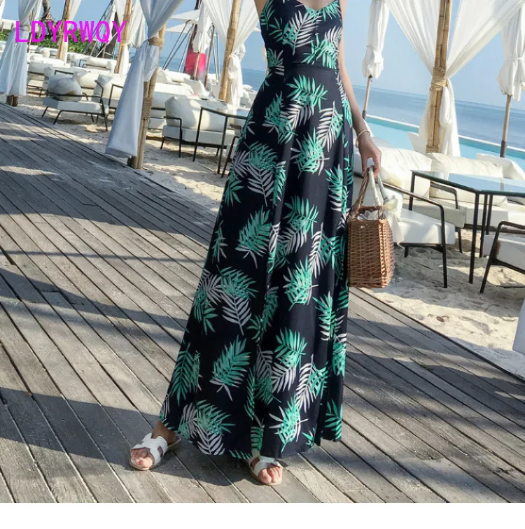 

LDYRWQY 2021 summer new Korean edition fashion sexy back halter V-neck slim print dress Office Lady Polyester