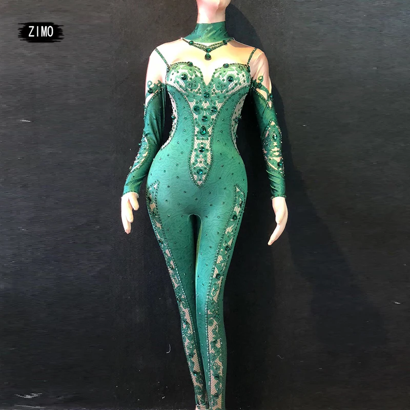 

glitter rhinestones Crystal green jumpsuit women Party birthday Singer club Stage Wear Performance pole Dance drag queen Costume
