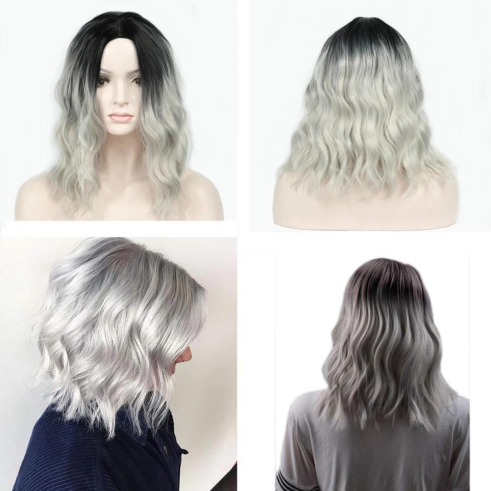 ValenWigs 1" натуральный эффектом деграде(переход от темного к парик коричневый смешанный светлые/Краска для волос, Серебряно-серый средняя часть Волнистые Синтетические волокна парики для Белый Черный Для женщин