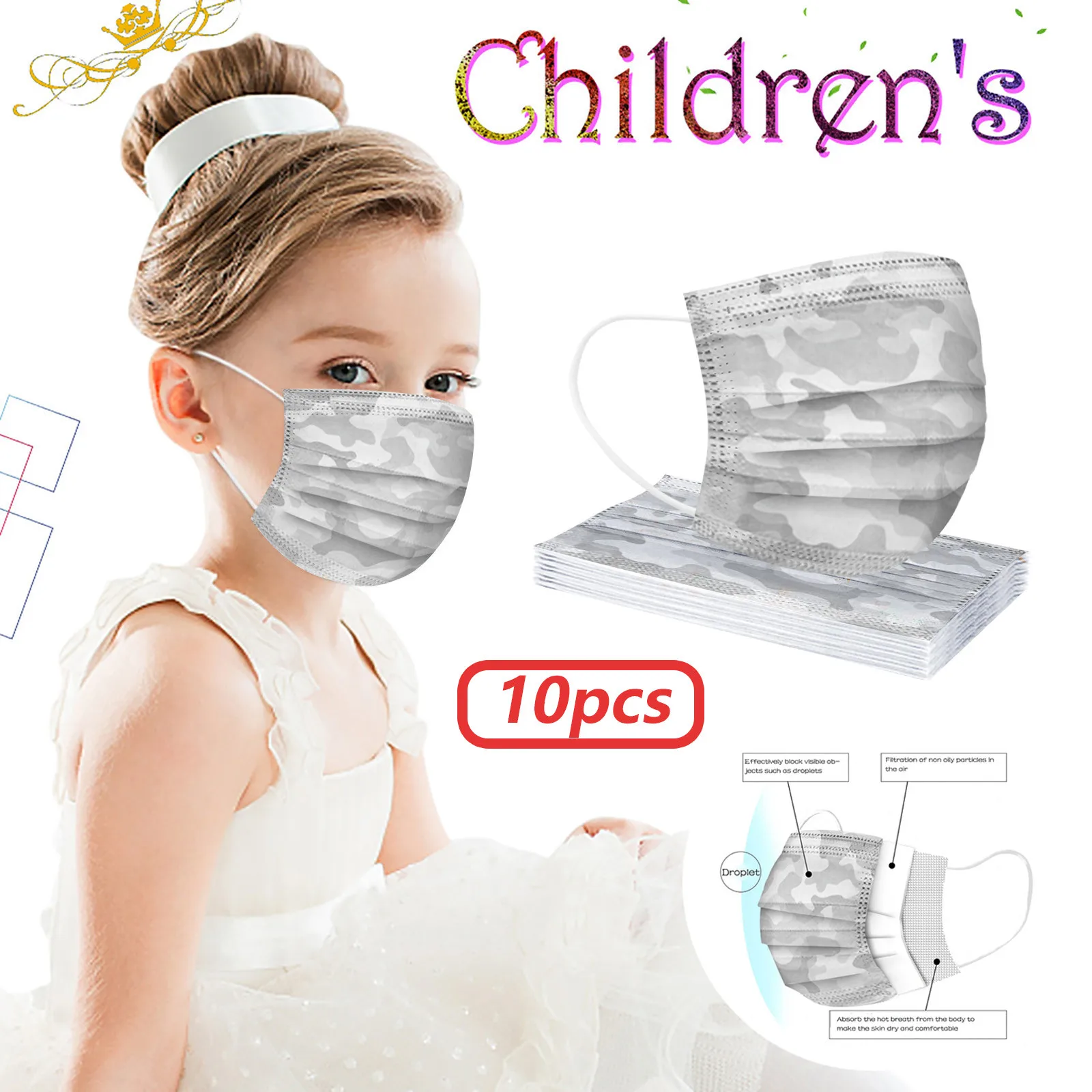 

Маска детская одноразовая с камуфляжным принтом, 3-слойная защитная дышащая маска для мальчиков и девочек