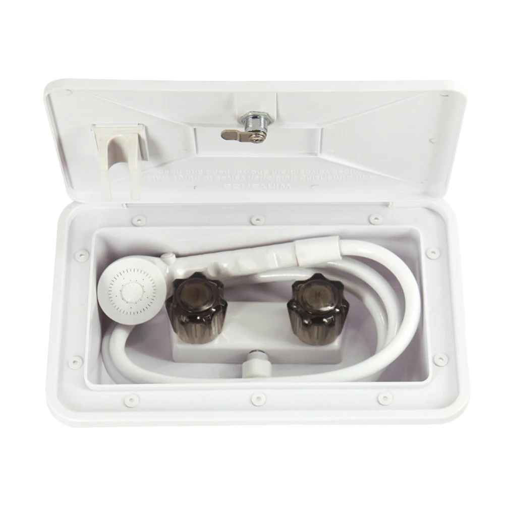 

RV Outdoor Shower Exterior Shower Box Kit Hot Cold Switch Shower Kit with Lock for RV Camper Van Motorhome Caravan