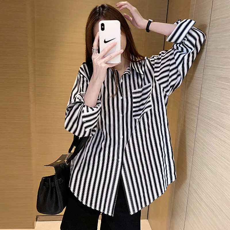 Модная рубашка в полоску свободная большого размера с длинным рукавом и