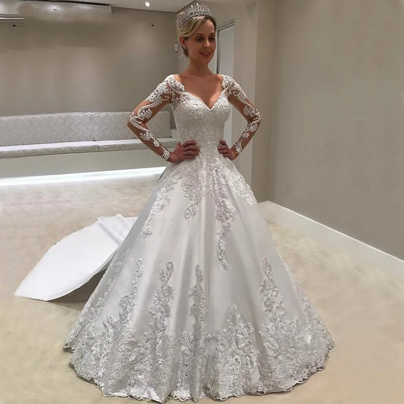 

Long Sleeves Lace Wedding Dresses 2019 Vestido De Noiva Embroidery Sexy V Neck Court Train Zipper High Quality Bridal Gowns