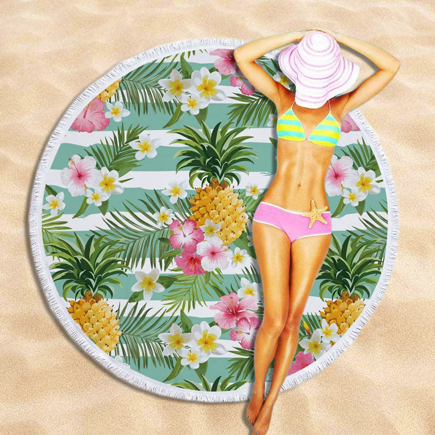 Pineapple Tree Leaves Print Bohemia Microfiber Shower Bath Towels Summer Circle Serviette De Plage Ronde
