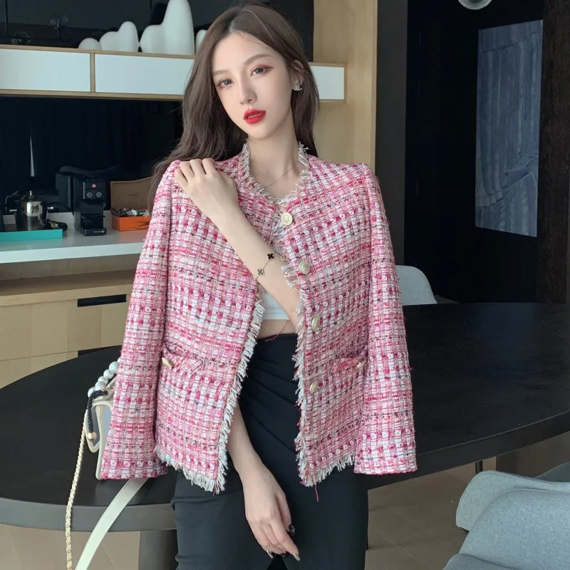 2019 осень зима маленький ароматный розовый твидовый в клетку куртка пальто