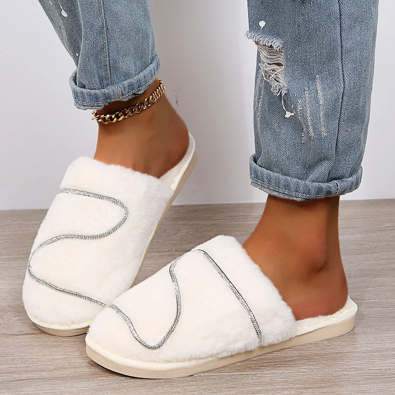 

Women's Home Slippers Shoes Autumn Winter 2021 Rhinestone Plush Warm Solid Color Bedroom Hairy Non Slip Comfortable Aldult White
