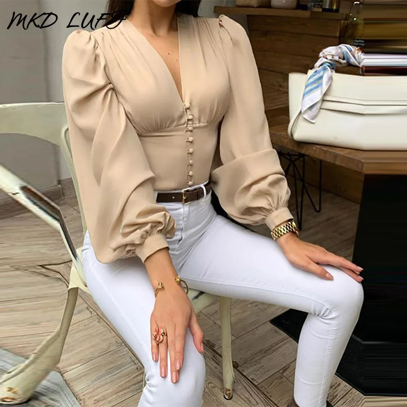 Женщины v образным вырезом прочный фонарь рукав повседневные блузки дамы с