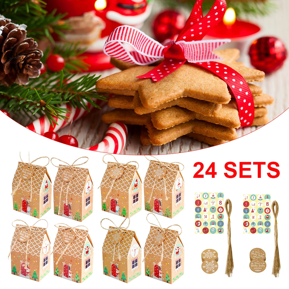 

24pcs Kraft Paper House Shape Ropes Candy Gift Bags Reliable Quality Cookie Packaging Boxes Christmas Tree Pendant Party Decor