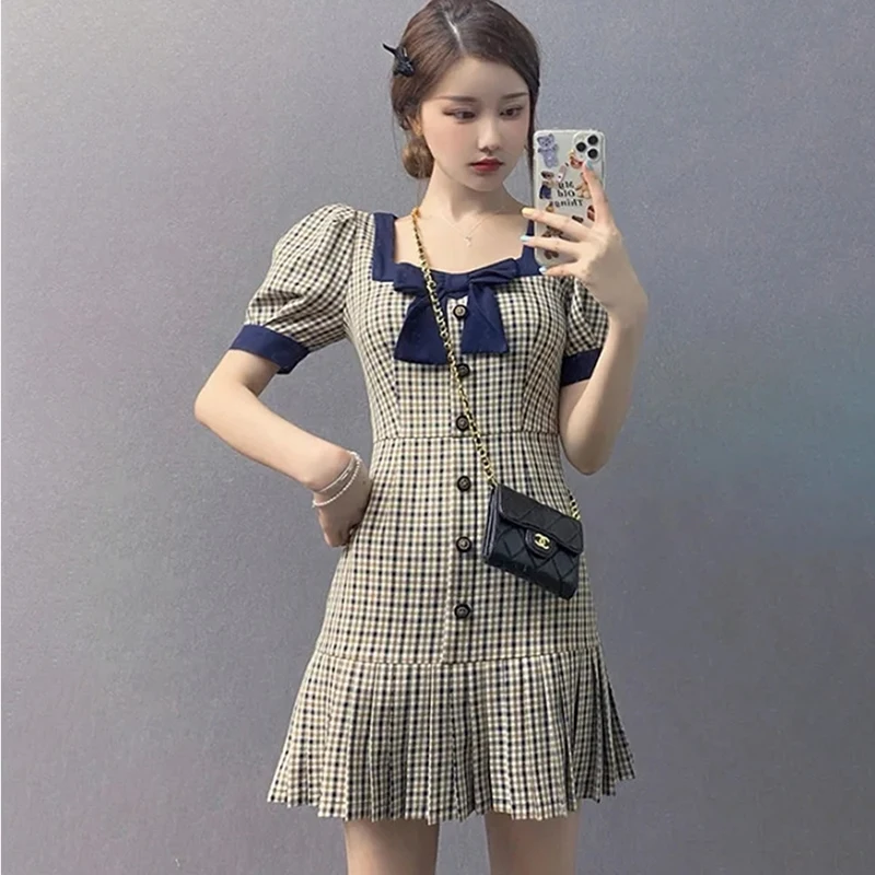 Merodi летнее милое винтажное платье с квадратным воротником синим бантом высокой