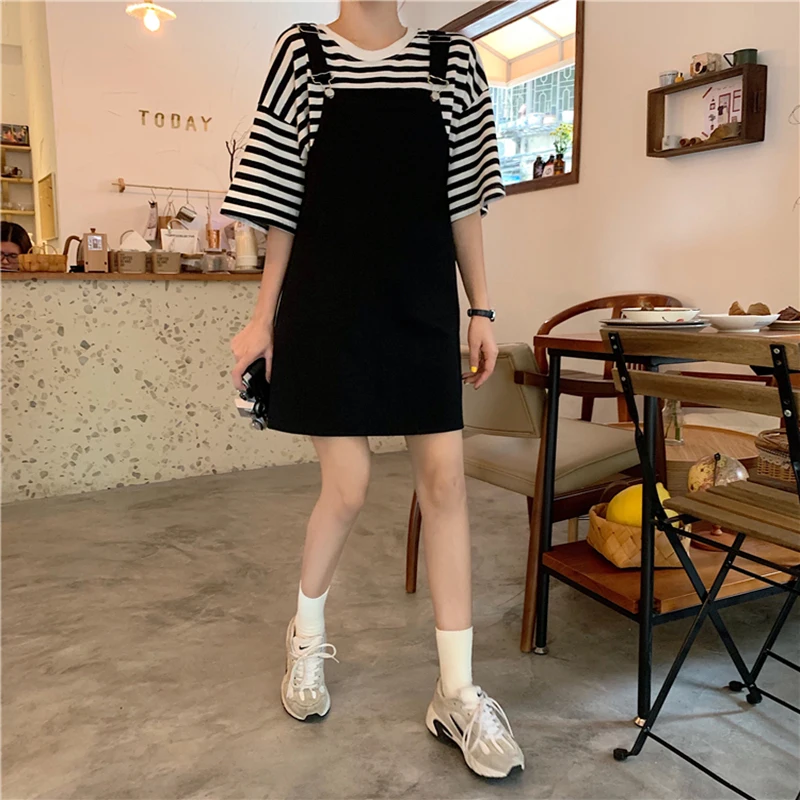 Woman's Denim Overalls Solid Color Black Korean Preppy Style Fashion Jumpsuits Denim Dress Strap Skirt Summer Women Overalls