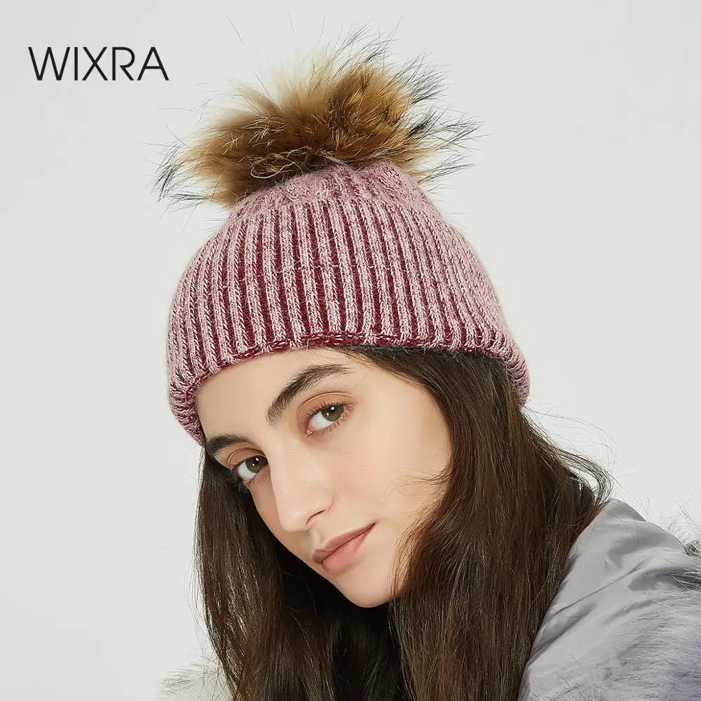 Wixra Вязаная Шапка бини из меха норки и лисы шапка с помпонами одноцветная