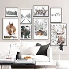 Рождественская настенная Картина на холсте с изображением зимней снежной елки белки лосят, скандинавские постеры и принты, настенные картины для декора гостиной