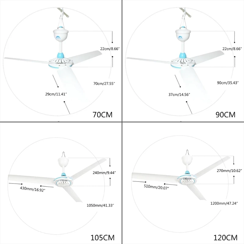 

12V 27.5 to 47.2 inch Ceiling Fan Mute Electric Hanging Fan for Dining Room Bedroom with 2.35m Power Cable No Switch