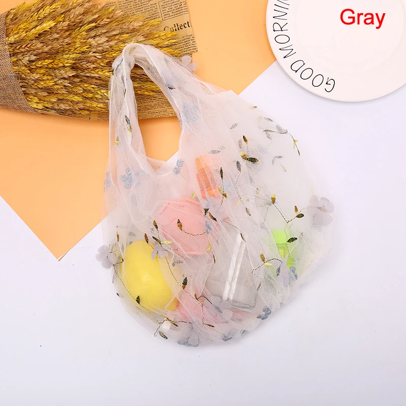 

4Colors Mesh Shopping Bags Female Fashion Flower Embroidery Hand Bag Women Handbags Organza Casual Tote