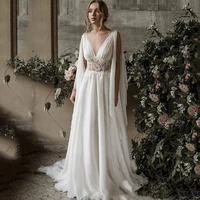 2021 boho beach wedding dresses a line v neck sleeveless sweep train bridal gowns applique chiffon backless plus size