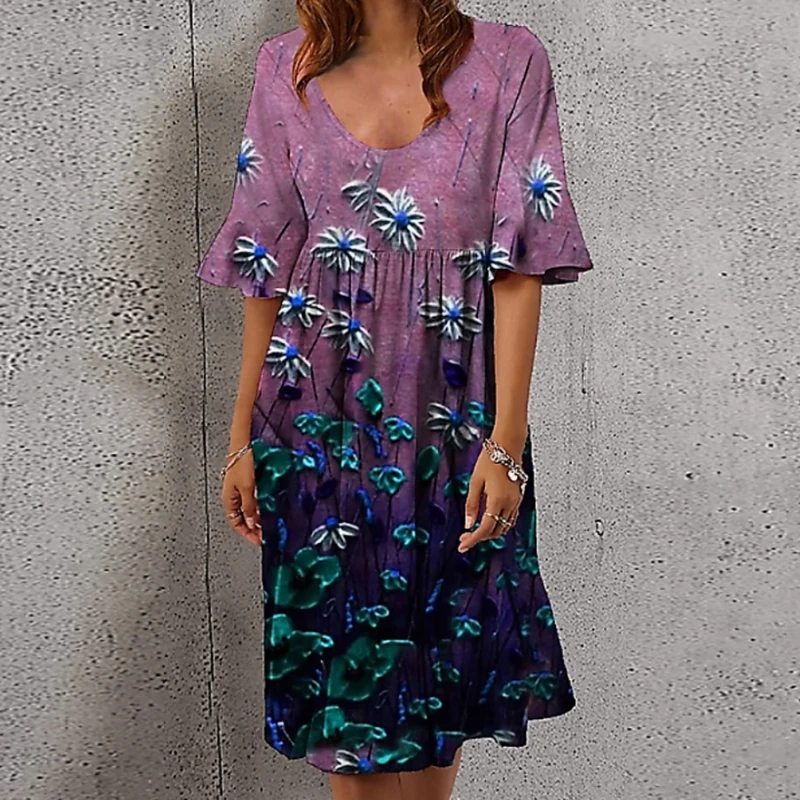 

Womens Summer Dress O Neck Short Sleeve Flower Print Ladies Loose Clothing Vintage Boho Beach Dress 2021