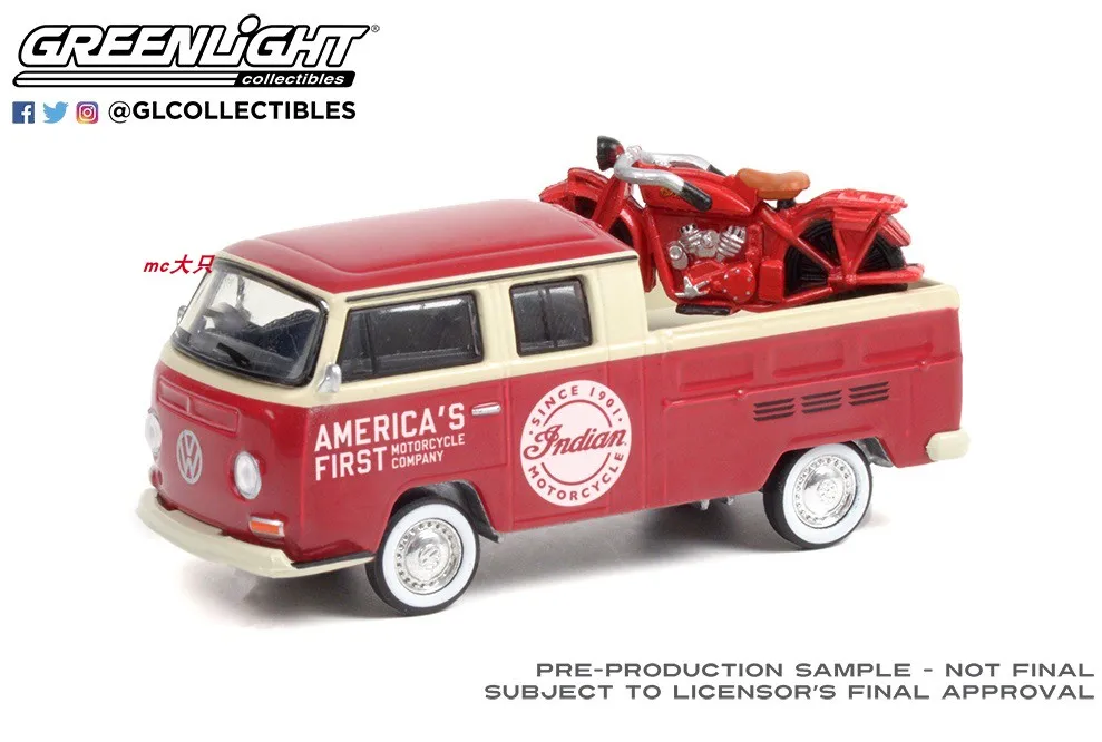 

GreenLight 1:64 1968 Volks wagen Type 2 Double Cab Pickup Indian Motorcycle Sales Collect die-casting alloy car models toys gift