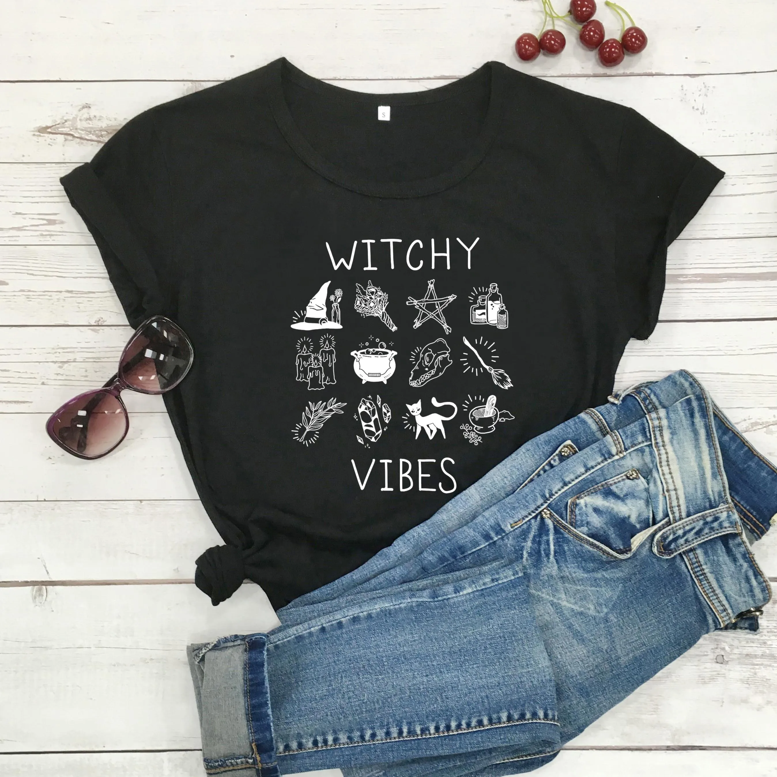 

Женская модная футболка Witchy Vibes graphic из чистого хлопка, Повседневная Молодежная хипстерская футболка, уличный стиль, праздничный подарок, фу...