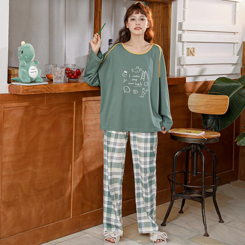 Spring Autumn New Pajamas Women's Nightgown & Sleepstirts Plaid Comfortable Home Wear Loose 2Pcs Suit Sleepwear Full Length